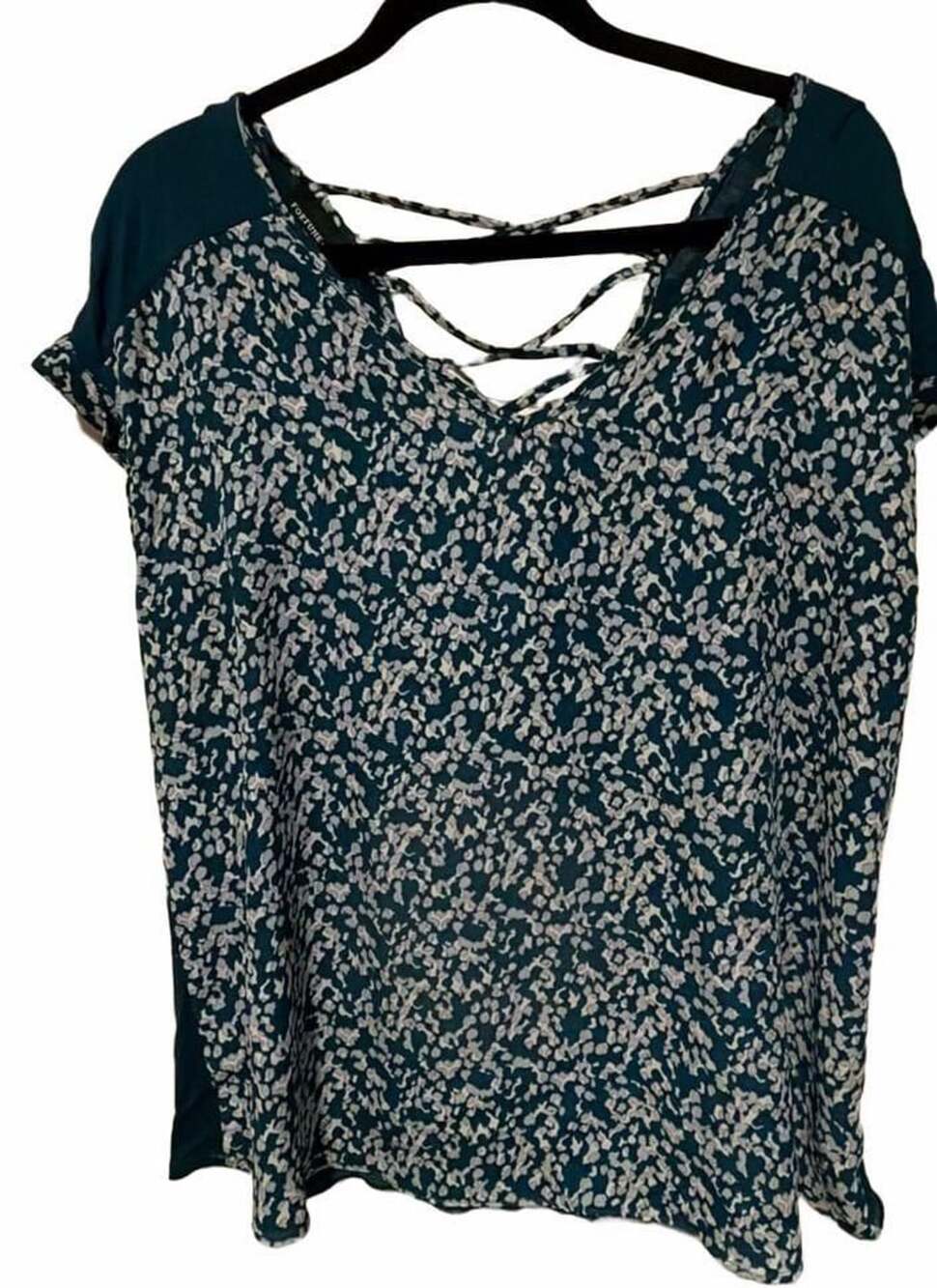 Fortune + Ivy Women's Teal Floral Print Short Sleeve Top with Lattice Back Tie S